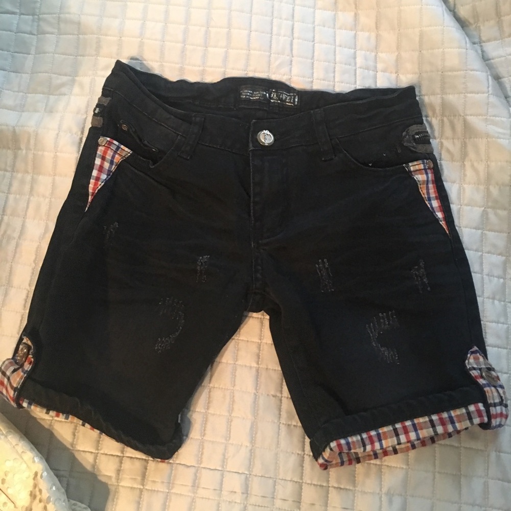 Ben + Wei Black Denim Shorts w/ Plaid